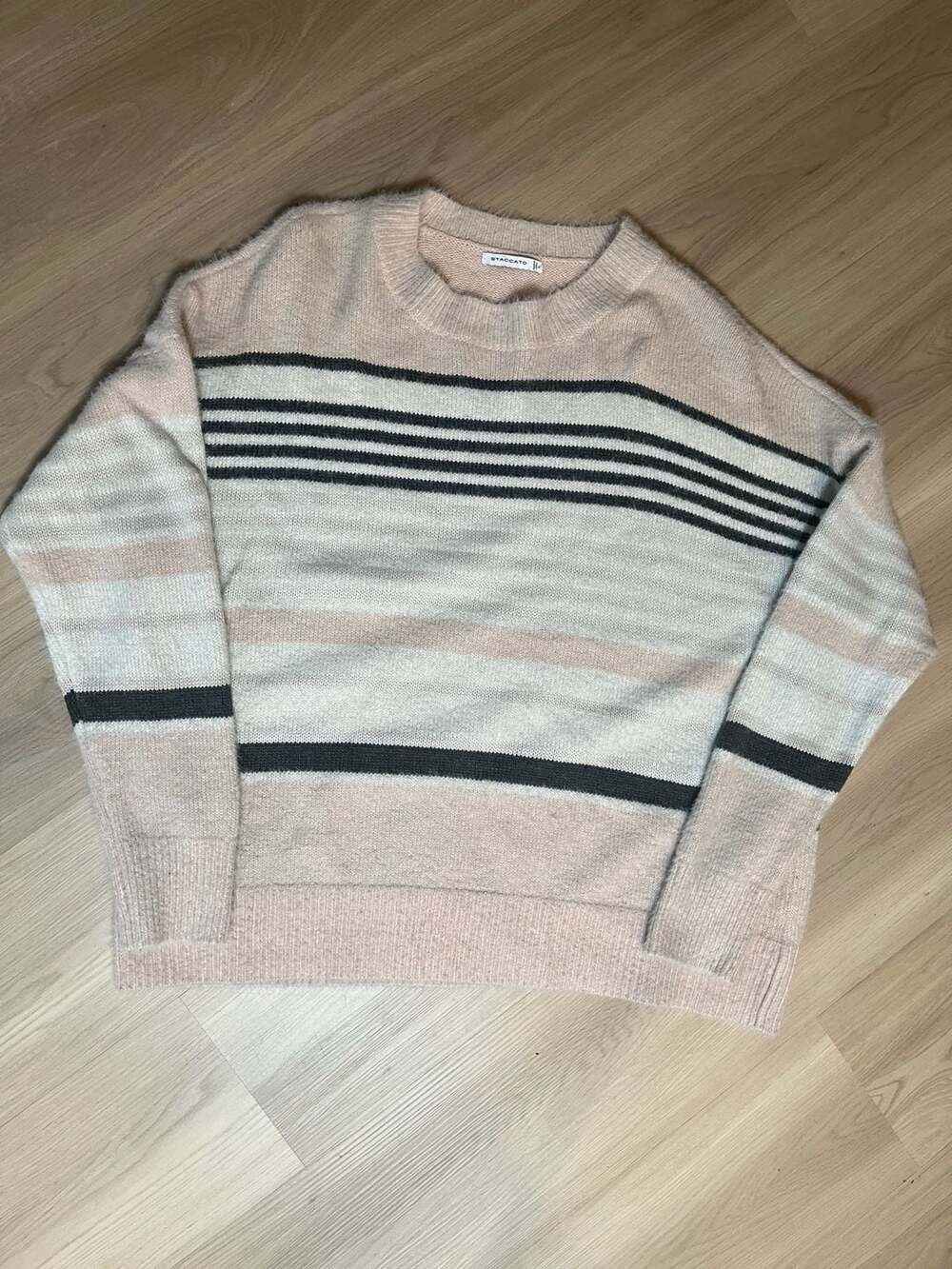 Staccato Women's Striped Crew Neck Fuzzy Knit Pullover Sweater